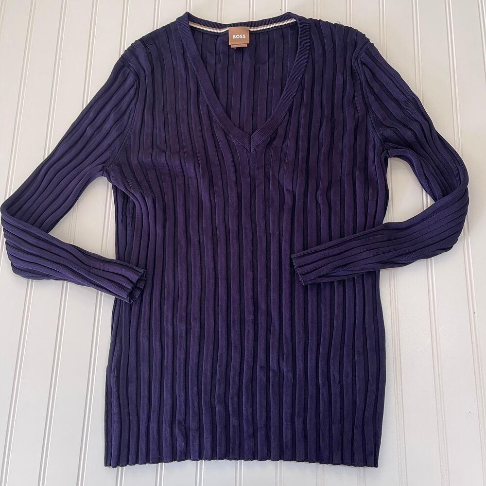 Boss Hugo Boss Purple Ribbed V Neck Top Made in Italy Size Womens Large